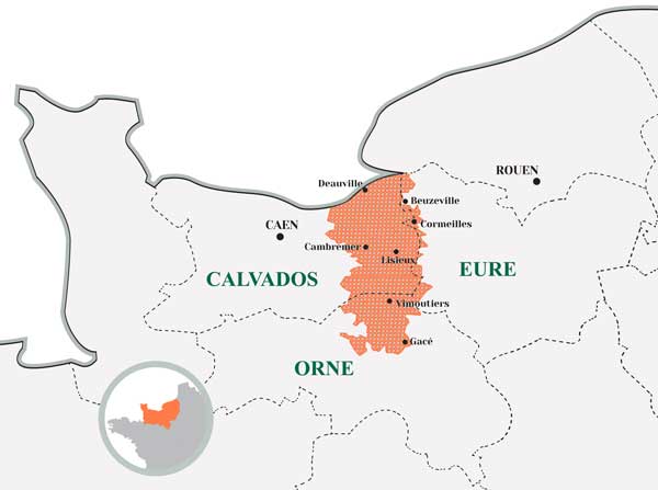 Carte de l'aire d'appellation Cidre Pays d'Auge